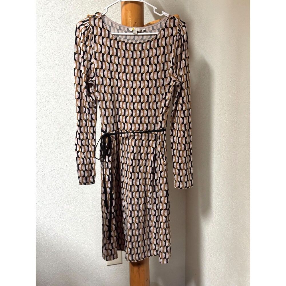 Boden Geometric Print Long Sleeve Tie Waist Knit Dress UK 14R US 10R